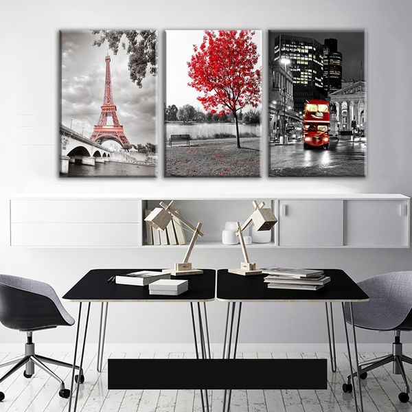 

hd prints paintings wall art 3 pieces paris eiffel tower pictures canvas home decor red car bus red maple tree poster