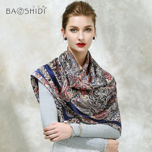 

baoshidi]2017 autumn new arrival, 16m/ 100% silk satin scarf, 106*106 square scarves women,paisley paern design scarf shawl, Blue;gray