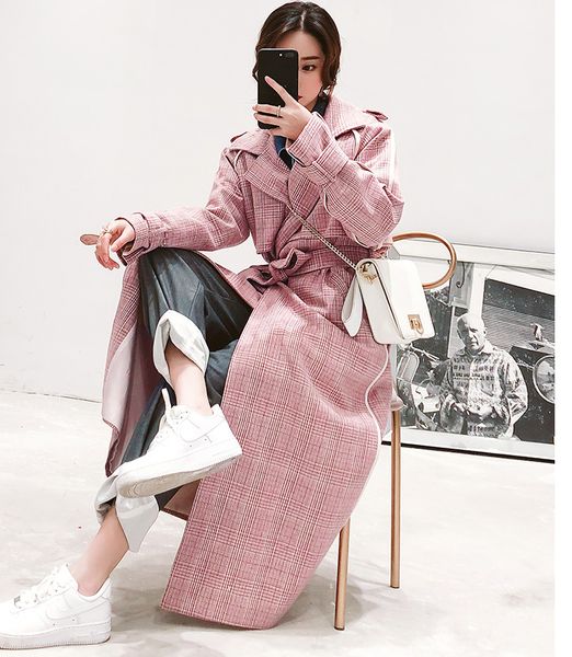 

uk 2018 fall/ winter women simple plaid slim woolen maxi long coat with belt female overcoat manteau femme pink khaki, Black