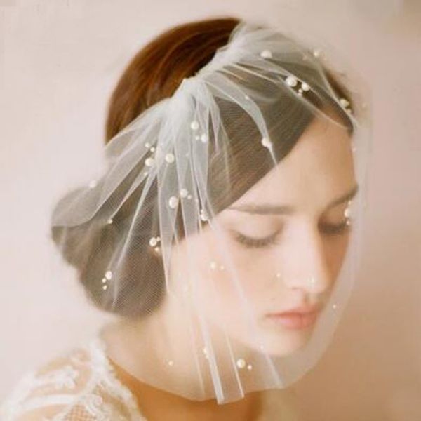 

spring pearls embellished short bridal veils stunning soft tulle birdcage veil wedding party headpieces accessary, Black