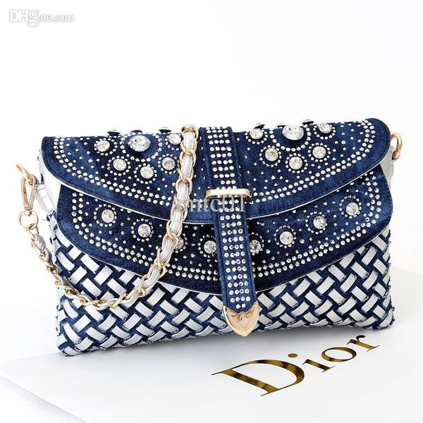 

2015 new women's small knitted handbags denim rhinestone day clutch bag one shoulder cross-body bag chain bags