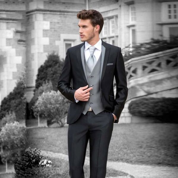 

italian retro black wedding suits for men 2018 3 piece jacket+pants+vest black peaked lapel men blazers groomsmen suits party prom wear, Black;gray