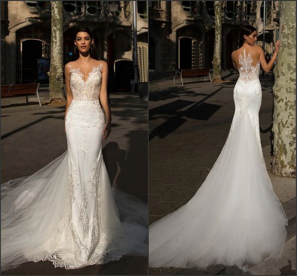 

2018 New Berta Sheer Jewel Neck Mermaid Wedding Dresses Sleeveless 3D Appliques Ruffles Tulle Court Train Vestido De Novia Bridal Gowns