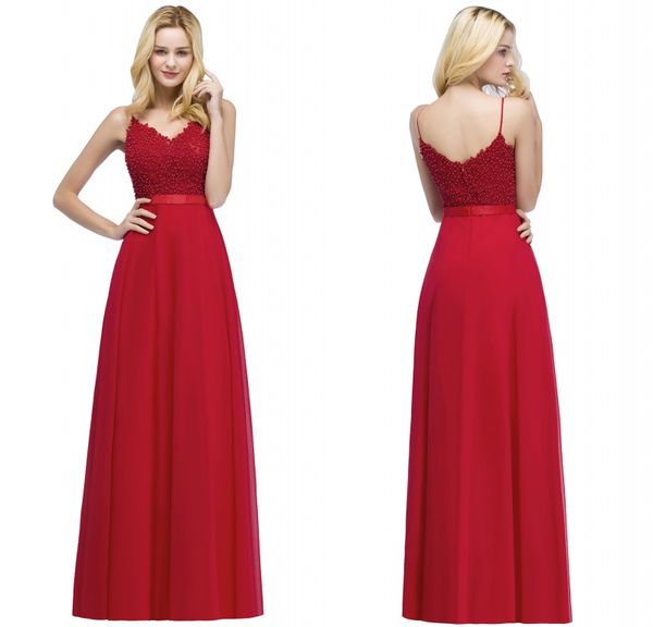 

2018 new arrival designer evening prom dresses red spaghetti straps beaded chiffon long party gowns cps871, Black;red