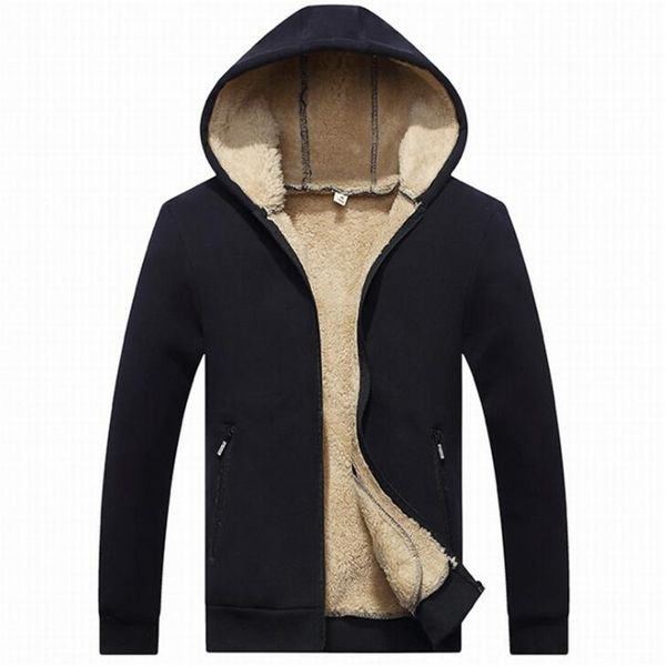 

winter men jacket new thicken lamb cashmere hoodie male coat keep warm casual style solid color plus velvet roupas masculinas, Black