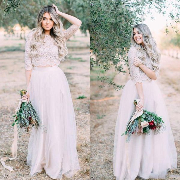 

Cheap Two Piece Wedding Dresses Short Sleeves Illusion Appliqued Lace Neckline Tulle Vintage Boho Bridal Gowns Beach Bohemian Plus Size