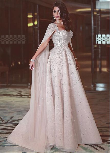 2022 Sparkle blush rosa vestidos de noite formal com boné decote em barra de miçangas