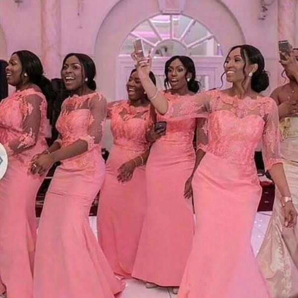 Sereia Longo Bridesmaids Vestidos Nigeriano Rendas Estilos Sheer Bateau Pescoço Rendas Apliques Maid of Honor Vestidos com Mangas