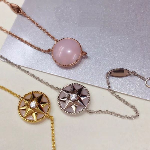 

xf round pink opal crystal star charm bracelet 925 sterling silver pink opal stone rose compass women wedding vents jewelry, Black