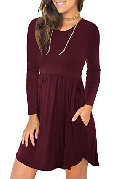 

longyuan women's long sleeve loose plain dresses casual short swing dress with pockets, Black;gray
