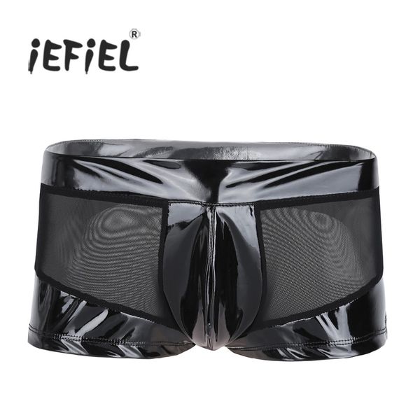 

black mens lingerie shiny patent leather with mesh see-through splice bulge pouch boxer shorts wetlook underwear underpants, Black;white
