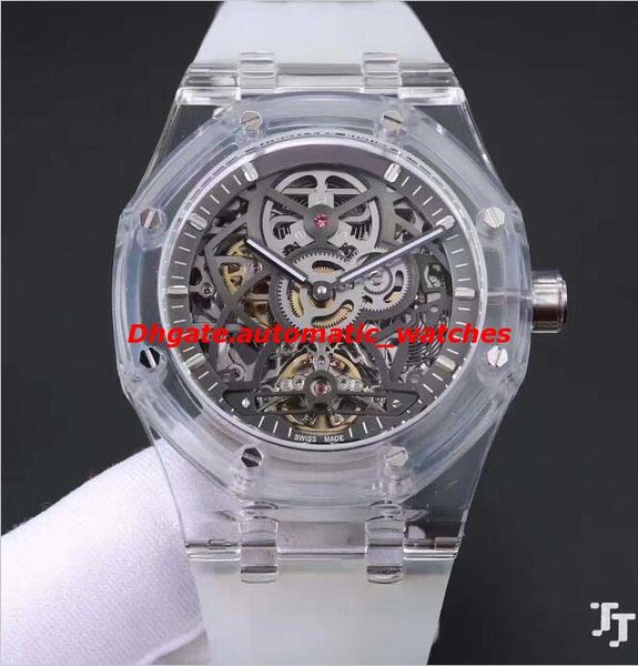 

selling luxury watches mens transparent rubber bracelet steel skeleton 42mm automatic fashion brand men's watch wristwatch, Slivery;brown