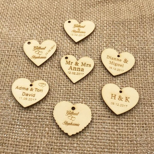 

50 personalized custom engraved wedding name and date love heart wooden wedding gift table decoration favors candy tags