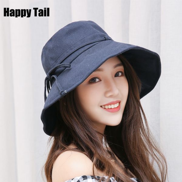 

happytail summer women sun hat linen foldable wide brim floppy beach hats visors anti-uv solid bowknot casual cotton hat, Blue;gray