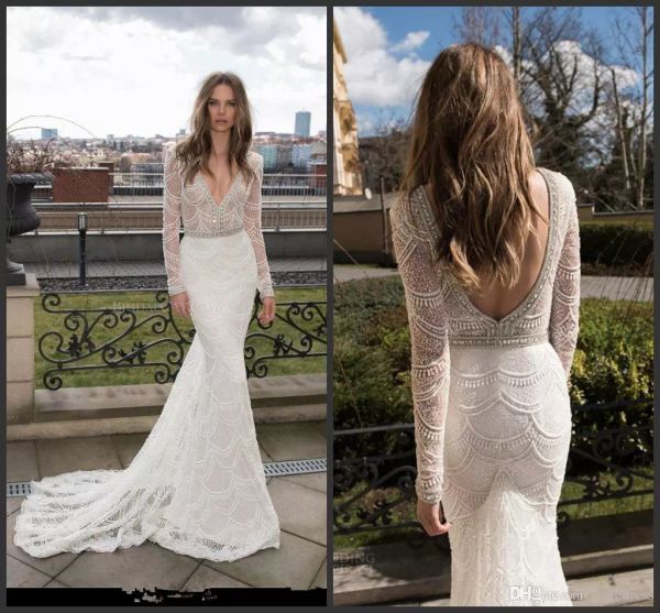 

2020 берта свадебные платья с длинным рукавом полный кружевной кристалл спинки vestido de noiva свадебные платья сексуальное свадебное плать, White