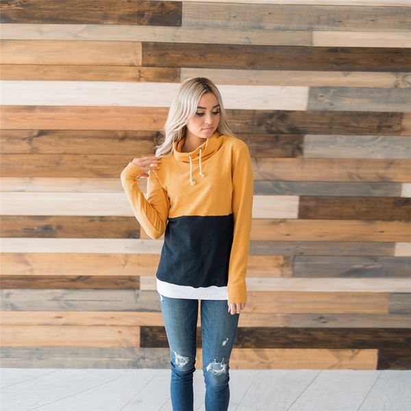 

women's casual long sleeve color block patchwork pullover hoodies drawstring sweater long dhl casual sweatshirts thumb hole blouses, Black