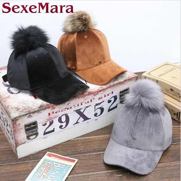 

women baseball hat woobies cap real natural fur pompom hats solid colors gorros cap female causal hats fashion, Blue;gray