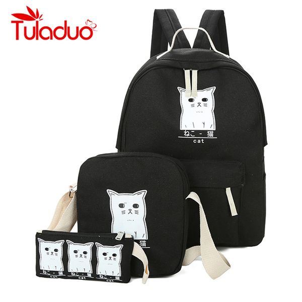 

women backpack cat printing canvas school bags for teenager girls preppy style 3 set/pc rucksack cut bag feminina