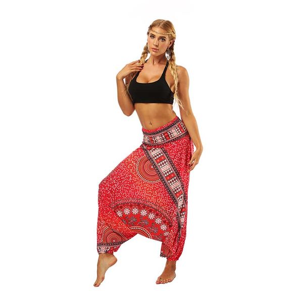 

women lantern yoga pants ethnic style elastic dancing loose fit high waist beach trousers ing, White;red