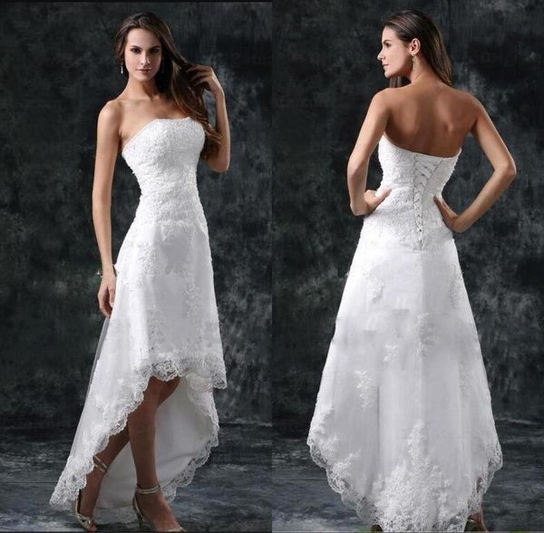 

2022 wedding dresses strapless appliques lace high low little white ivory lace up back summer beach short bridal gowns