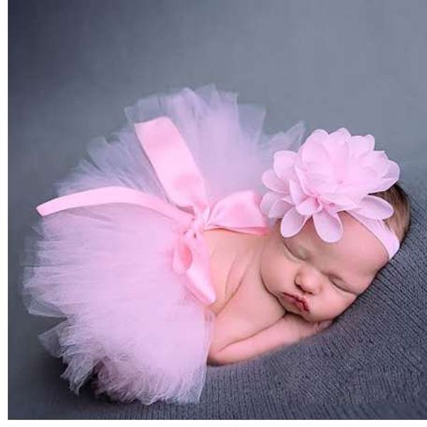 Baby Newborn Photography Реквизирует Baby Tutu Юбку Фото реквизиты + Цветочный оголовье Шляпа для Newborn Baby Фотографии Аксессуары Pink