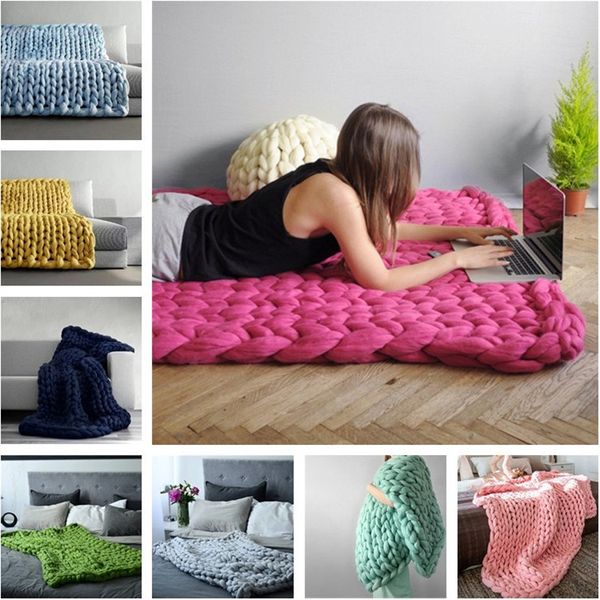 

high-quality warm chunky knit blanket thick woven yarn wool carpet bulky knitted sofa blanket t3i0063