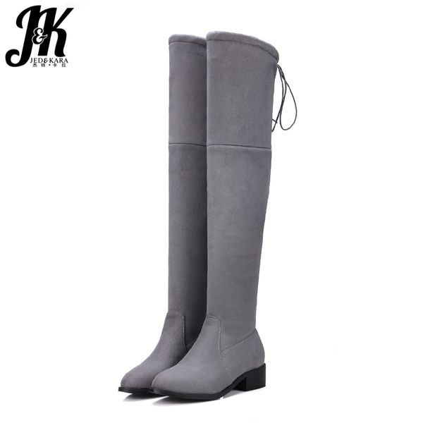 

jk stretch thick med heels women boots round toe cross tied footwear over the knee female boots flock shoes woman winter 2018, Black