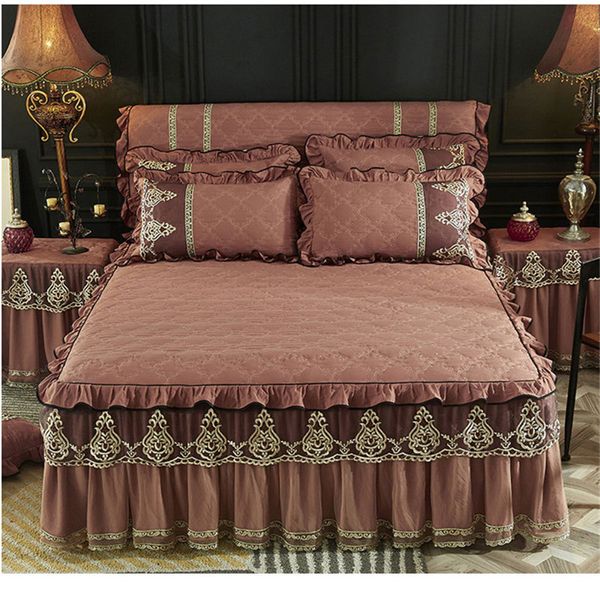 

sanding pure color 3pcs cotton lace edge bedskirt thickened bedspreads european style bed cover