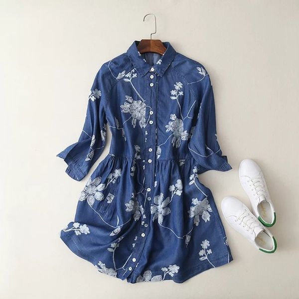 

girl women's spring fashion embroidered lapel mid-length denim shirt s8094, White