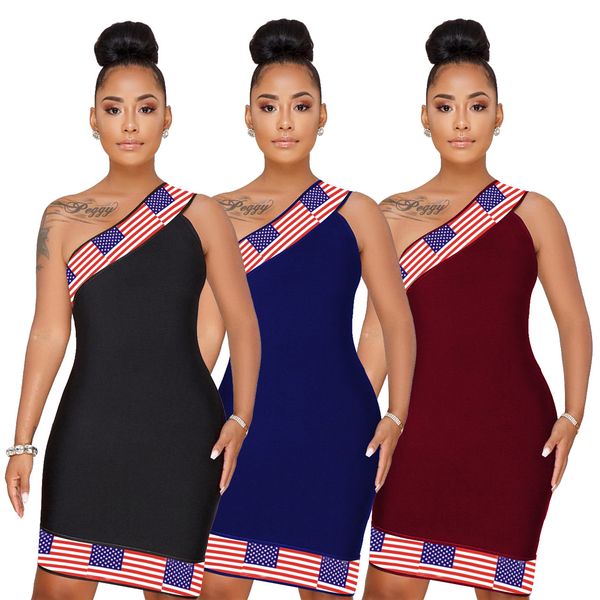 

independence day one shoulder national flag print dresses for women q095, Black;gray
