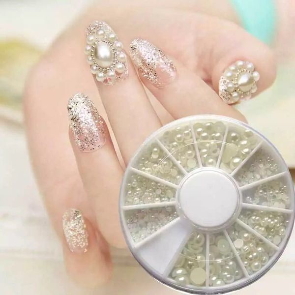 

white semicircular pearl mixed size nail studs manicure nail art decorations 1 box, Silver;gold