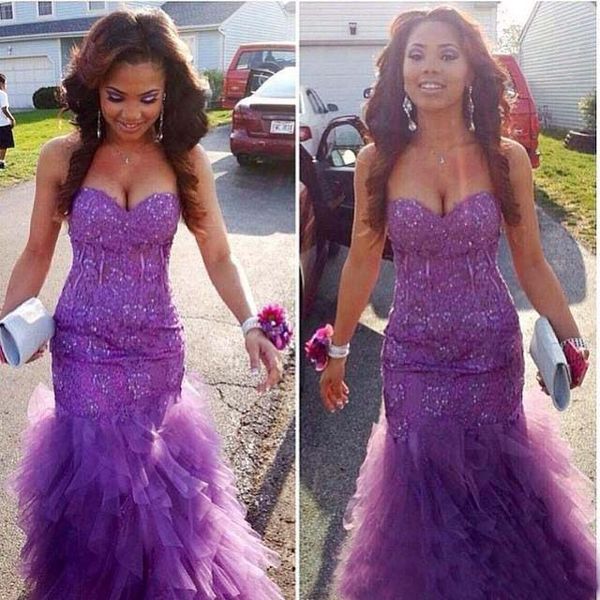 

2018 Purple Evening Dresses Sweetheart Mermaid Prom Gowns With Applique Sequins Pleats Custom Made Pageant Gowns Formal Party Gown