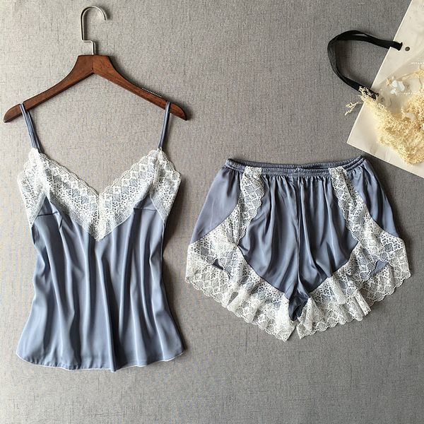 

women pyjamas suit loose pajamas set lace v-neck sleep set 2pcs sleepwear strap shirt charming new design nightwear -xl, Blue;gray
