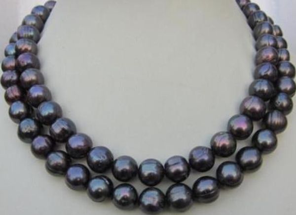 

2 row 11-13mm natural south sea black pearl necklace silver white clasp