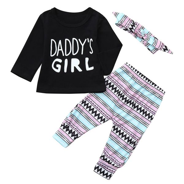 

baby set newborn fashion clothing long sleeve letter print t-shirt + corrugated print pants + hair strap three-piece set, White