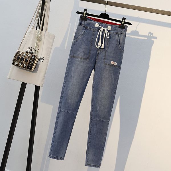 

plus size jeans for women patchwork mid waist elastic soft denim pencil pants ankle length femme trousers boyfriend jeans 5xl, Blue