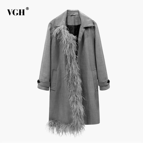 

vgh autumn trench coat for women asymmetry windbreaker patchwork feather loose big size long sleeve coats female clothes fashion, Tan;black