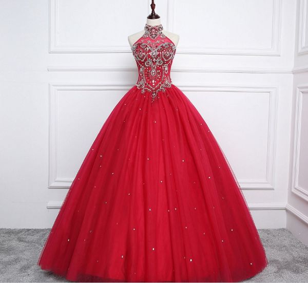 

vestidos de noiva 2019 fashion ball gown halter beading long evening dresses red backless tulle formal party dress prom dress customed, Black;red