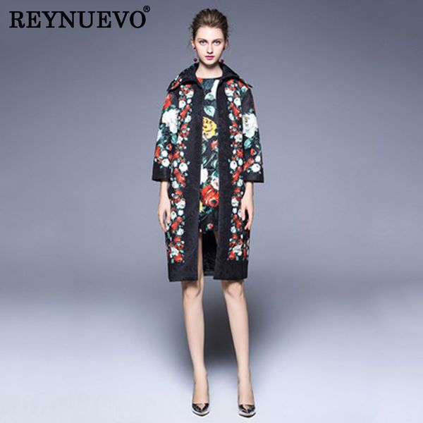 

rose print fashion coats black rose print 2017 autumn winter high street 3/4 sleeve luxury jacquard high-end women long coat, Black;brown