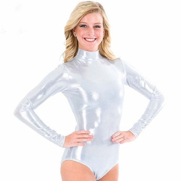 

speerise silver turtleneck shiny gymnastics leotard costumes ballet dance long sleeve zip up metallic tank leotard women, Black