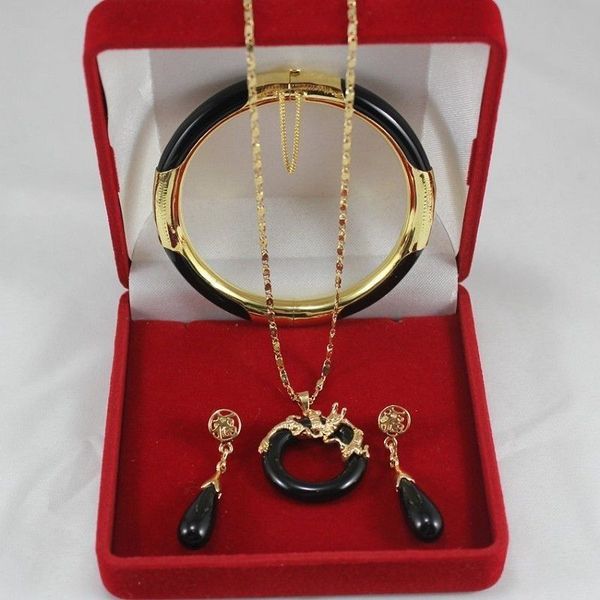 

beautiful fashion black jade soild dragon pendant earrings bracelet set <<<ing