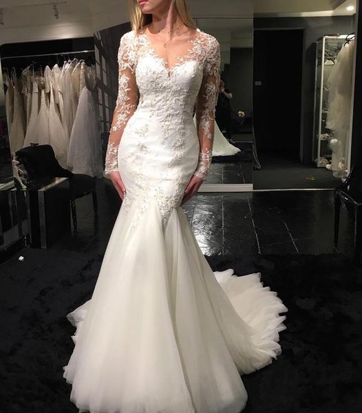 

new 2020 gorgeous lace mermaid wedding dresses v-neck appliques long sleeves plus size wedding dresses vestido de novia, White