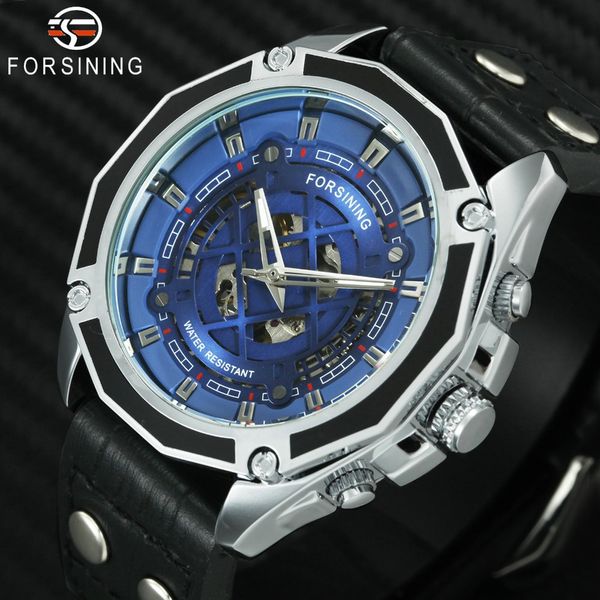 

forsining chic auto mechanical watch men genuine leather strap 3d skeleton dial blue mens watches wristwatches, Slivery;brown