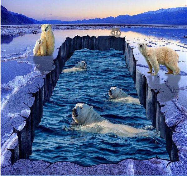 

three-dimensional polar bear ice cracked floor painting picture wallpaper for bathrooms