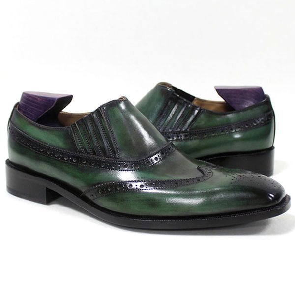 

men dress shoes loafers shoe bespoke handmade shoe square toe slip-on breathable patina green genuine calf leather lf-g08, Black