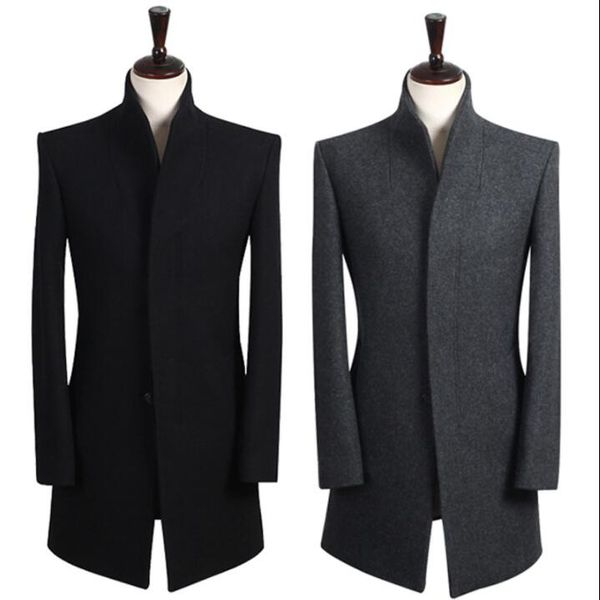 

stand collar korean casual woolen coat men long sleeves overcoat mens cashmere coats casaco masculino inverno erkek england 8926, Black