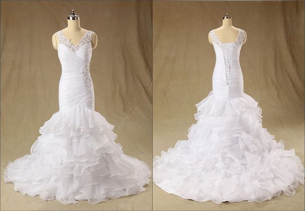 

mermaid wedding dresses ruffles plus size 2018 new real p v neck lace up back applique sequins organza real p bridal gowns, White