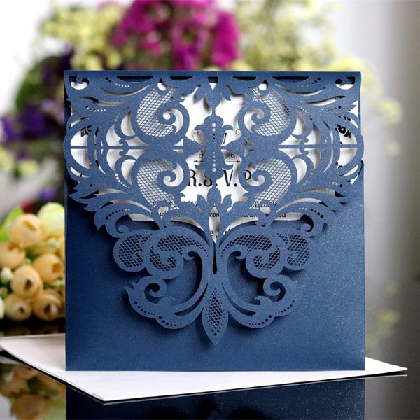

Wedding invitation card navy blue pocket tyle floral la er cut hiny party invitation et hip