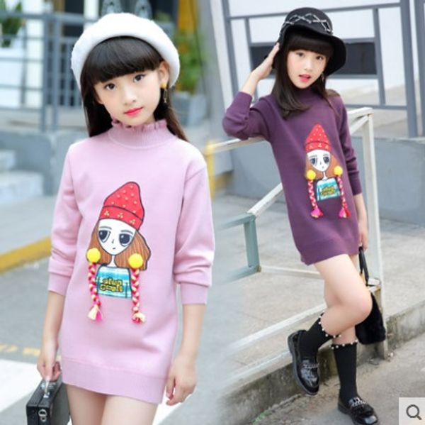 

girls sweaters plus velvet thickened 2018 new long section of children hedging korean version of the high collar knit sweater wi, Blue