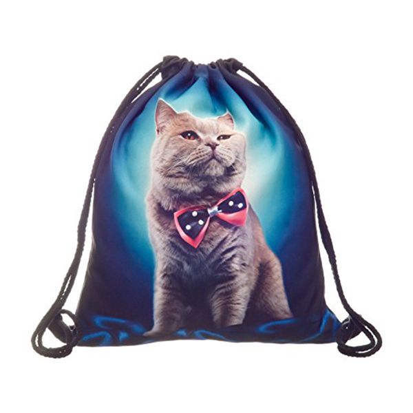 

full print teenage drawstring bag shoulder school rucksack handbag travel gym(cat